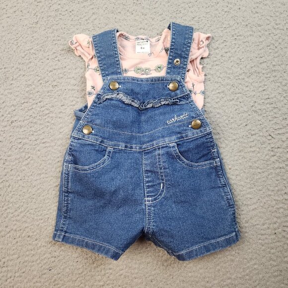 Carhartt Bib-Overall Shorts with Pink Top Girl's Size 6 Month Blue Denim Ruffles - Picture 1 of 7